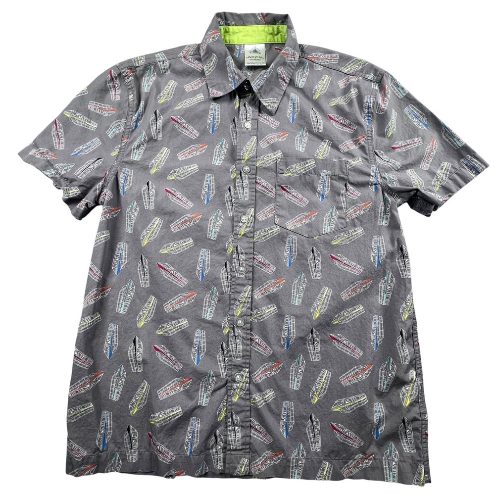 Disney Monorail Button Down Shirt Kids Small Gray Short Sleeve All Over Print